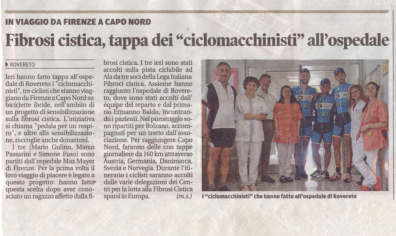 Viaggio da Firenze a Capo Nord - Fibrosi Cistica, tappa dei 'ciclomacchinisti' al'ospedale di Rovereto.