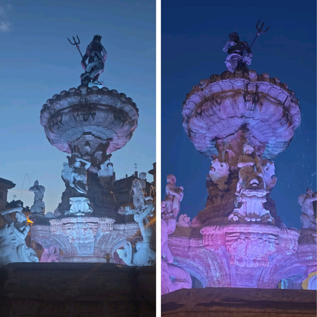 A Trento la Fontana del Nettuno in piazza Duomo si illumina di blu